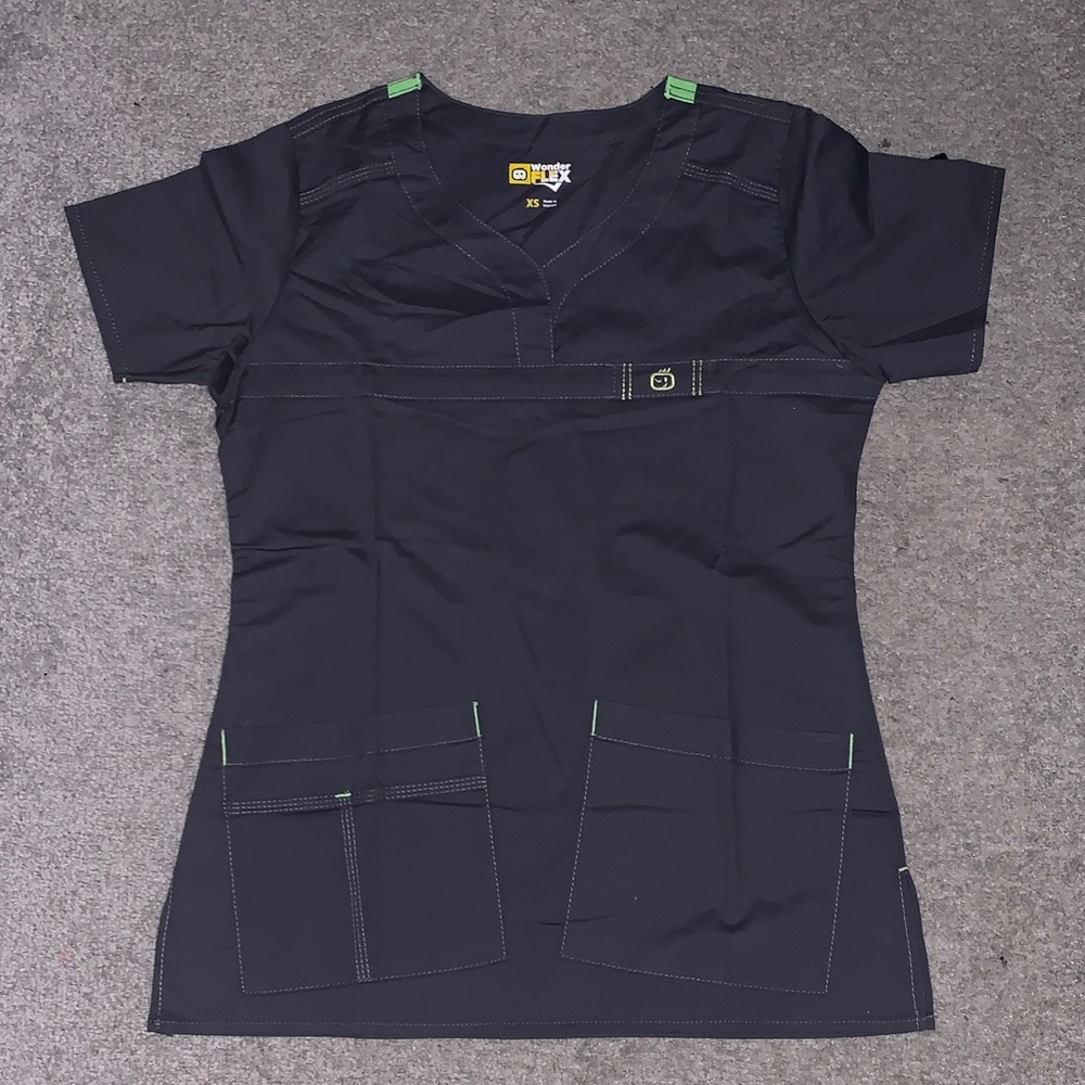 Dark grey Scrub Top with Green Accents